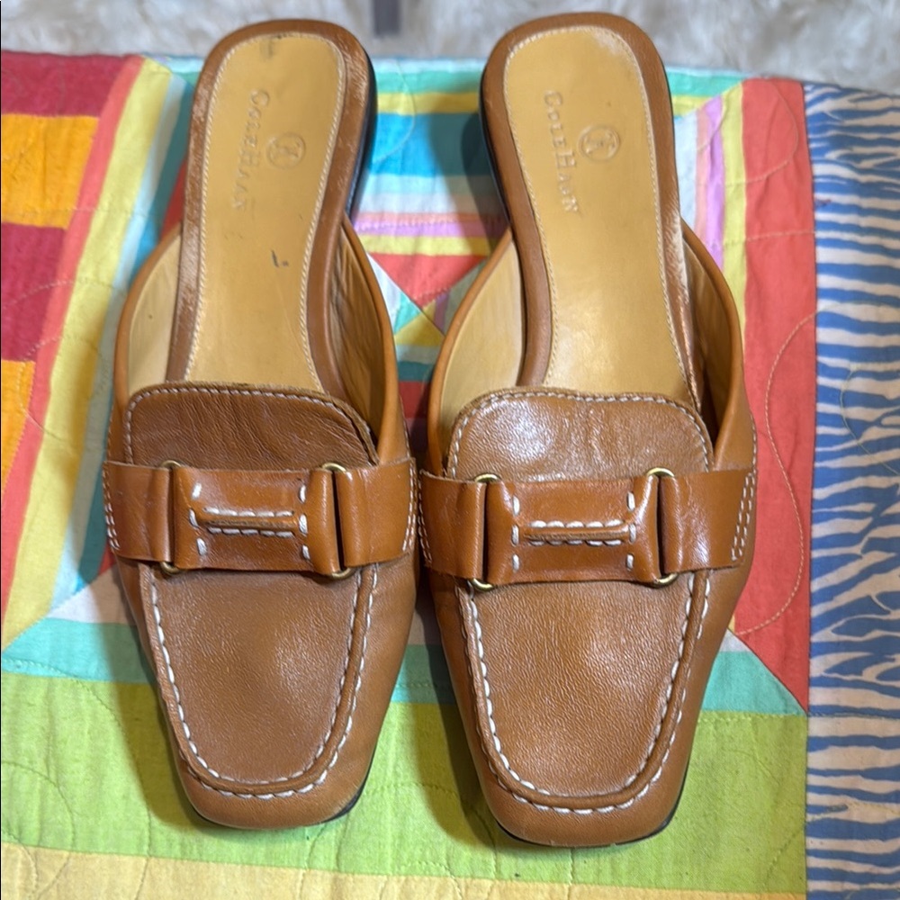 Cole Haan Tan Mules with Square Toe and Metallic Detail